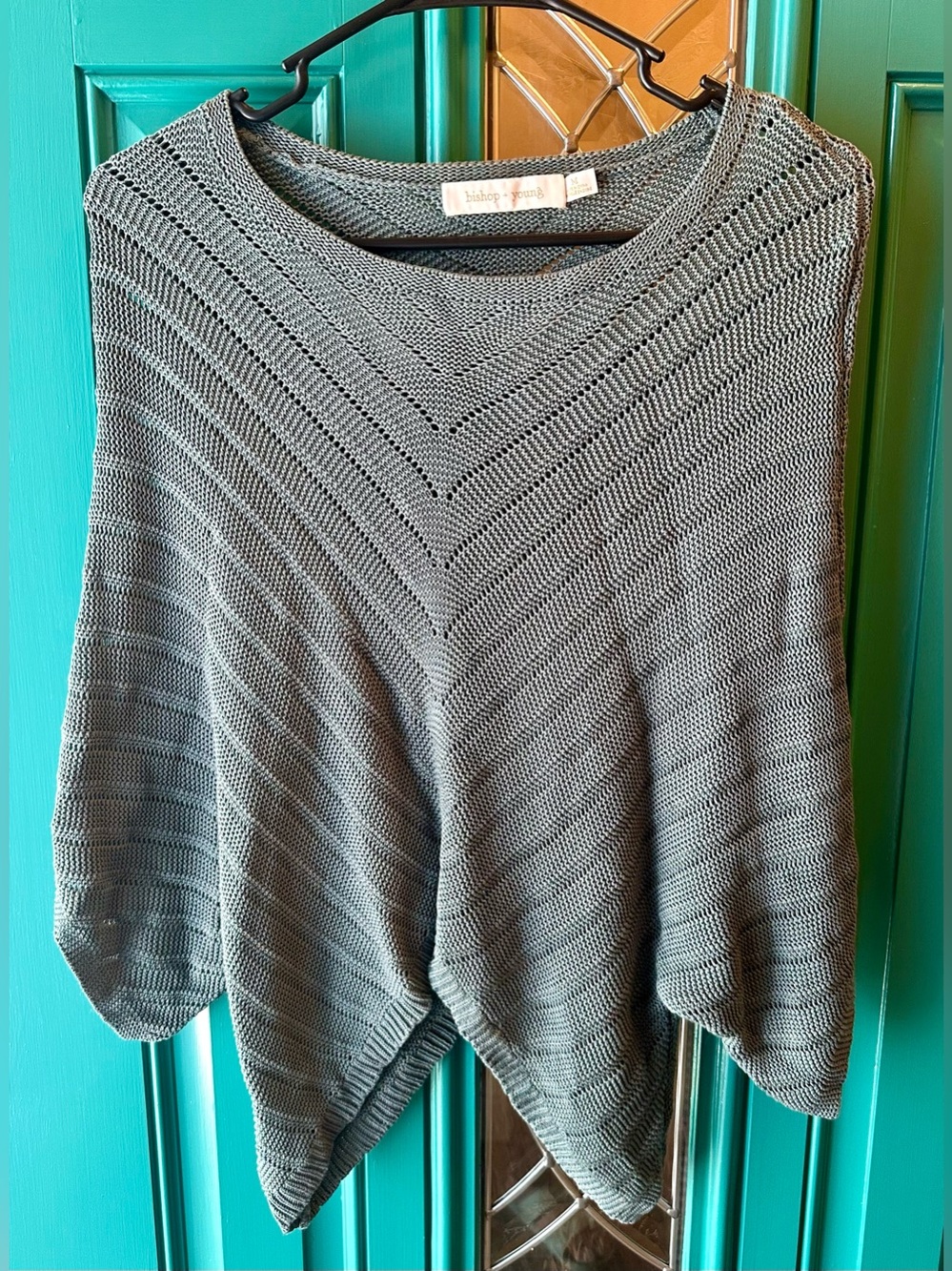 Bishop + Young Open Knit Chevron Pointelle Poncho Sweater Asymmetric Size M